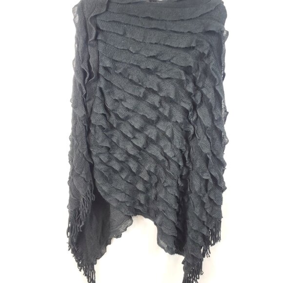 Colleen Lopez Black Knitted Poncho Fringe Bottom Batwing Cape One Size Missy - Picture 3 of 7